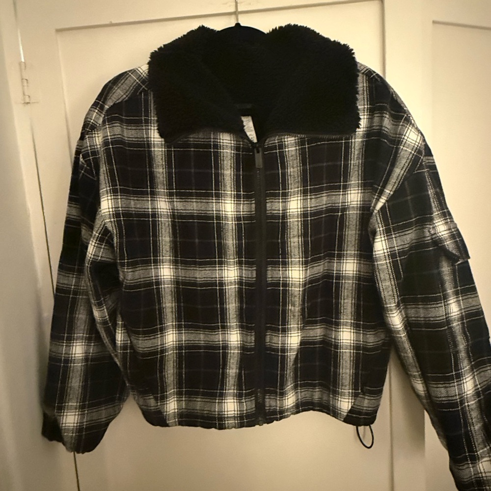 ALO Plaid Zip-Up Jacket with Black Collar